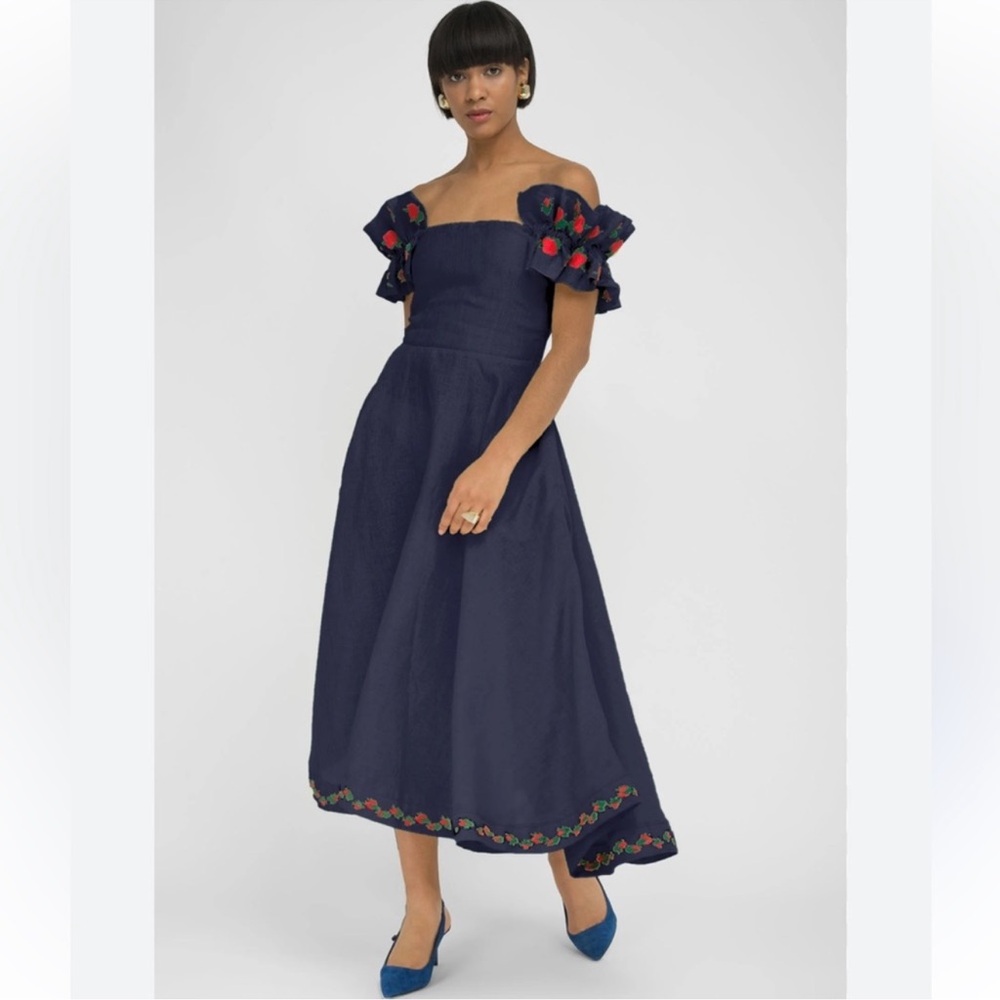 NWT Fanm Mon Alanya On Or Off-the-Shoulder Embroidered Linen Midi Dress